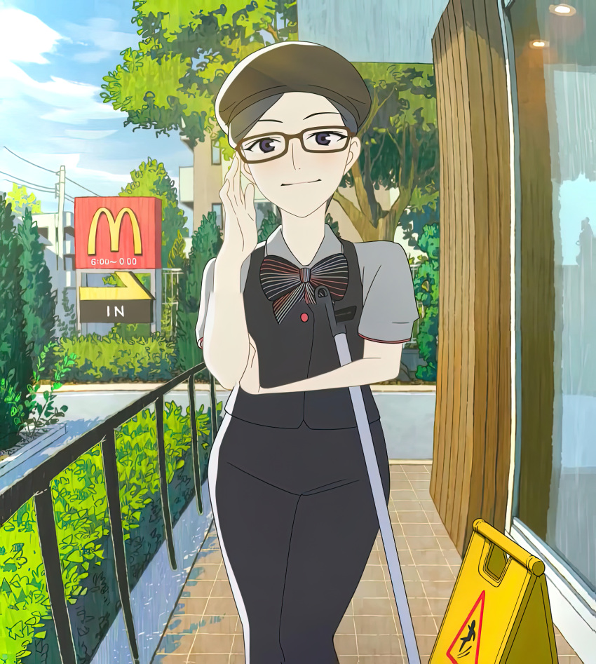 1girl black_hair blue_eyes blue_sky blush bow bowtie breasts error eyebrows_visible_through_hair glasses hand_on_eyewear hat highres logo looking_at_viewer mcdonald's mop rimless_eyewear road screencap short_hair short_sleeves sign sky smile solo tree uniform utility_pole warning_sign