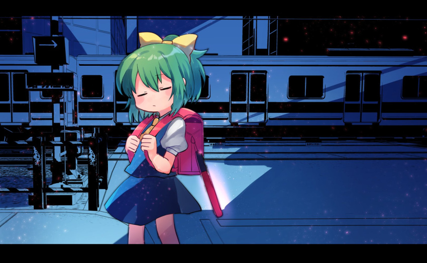 1girl arrow_(symbol) ascot backpack bag bangs blouse blue_dress blush bow closed_eyes closed_mouth commentary_request cookie_(touhou) cowboy_shot daiyousei diyusi_(cookie) dress eyebrows_visible_through_hair green_hair ground_vehicle hair_between_eyes hair_bow highres letterboxed looking_at_viewer medium_hair pinafore_dress ponytail puffy_short_sleeves puffy_sleeves short_sleeves solo standing touhou traffic_baton train white_blouse xox_xxxxxx yellow_bow yellow_neckwear