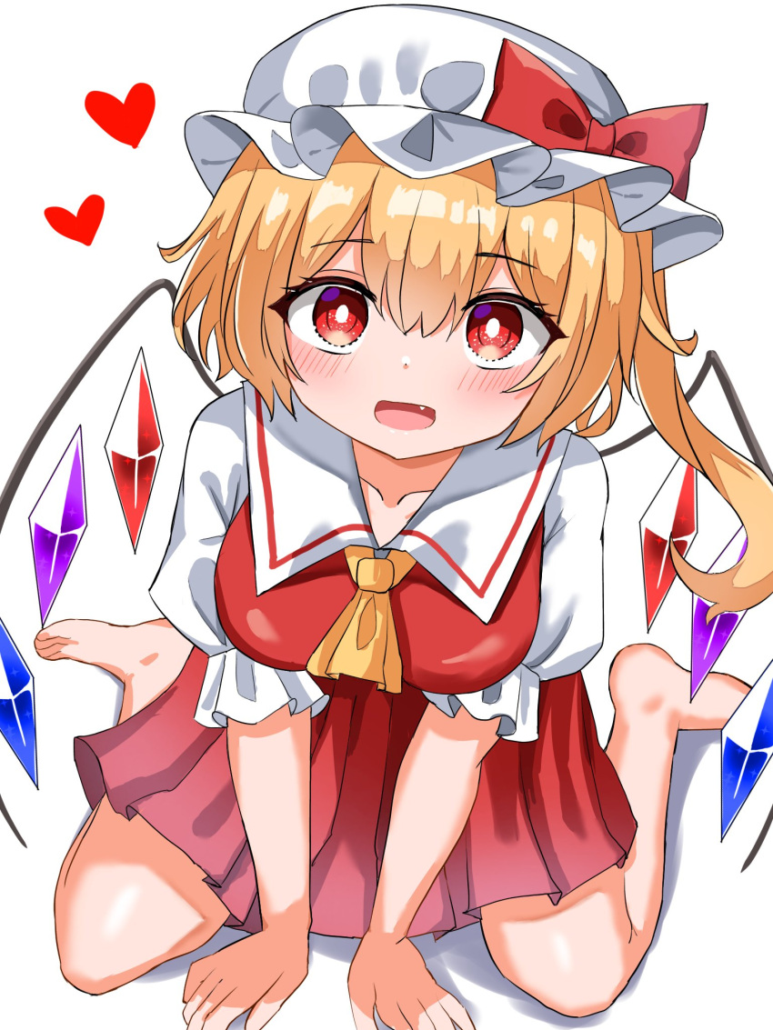 1girl :d ascot bangs barefoot blonde_hair bow bright_pupils crystal eyebrows_visible_through_hair fang flandre_scarlet full_body hair_between_eyes hat hat_bow heart highres kiui_(dagk8254) looking_at_viewer medium_hair mob_cap open_mouth pleated_skirt red_bow red_eyes red_skirt red_vest seiza shirt short_sleeves side_ponytail simple_background sitting skirt smile solo touhou vest white_background white_headwear white_pupils white_shirt wings yellow_neckwear