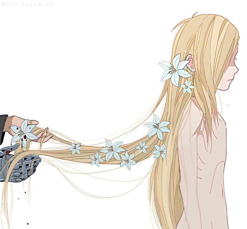 2boys absurdly_long_hair alphonse_elric androgynous arms_at_sides artist_name automail blonde_hair blood blood_drop bloody_hands brothers closed_mouth colored_eyelashes commentary completely_nude crying dee-toraburu edward_elric emaciated english_commentary expressionless eyelashes facing_away fingernails flower from_side fullmetal_alchemist hair_flower hair_ornament hair_over_one_eye hands hip_bones holding holding_hair lily_(flower) long_hair long_sleeves male_focus messy_hair multiple_boys navel nude out_of_frame outstretched_hand pale_skin profile ribs shaded_face siblings simple_background standing straight_hair streaming_tears teardrop tears upper_body very_long_hair white_background white_flower