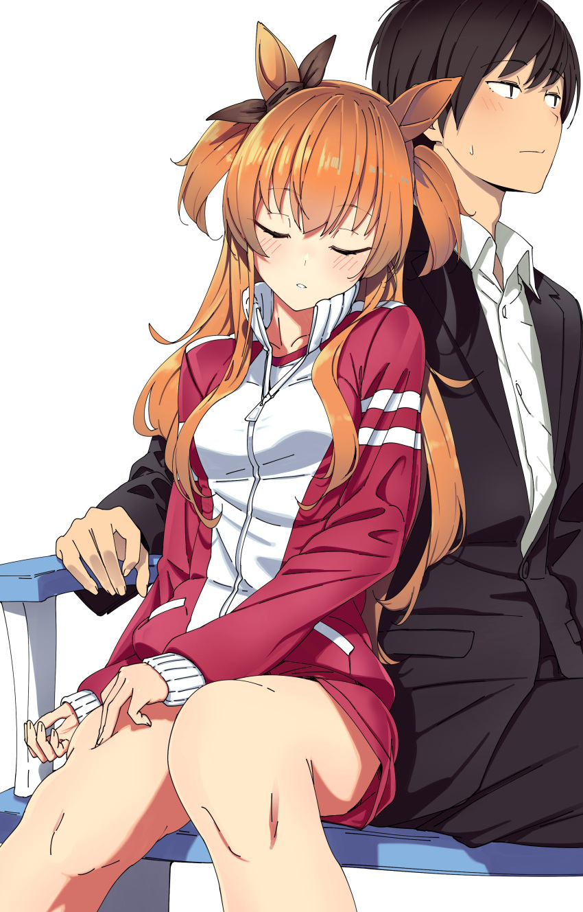 1boy 1girl absurdres animal_ears bangs bench black_suit blush brown_ribbon closed_eyes collared_shirt commentary embarrassed eyebrows_visible_through_hair formal hair_ribbon high_collar highres horse_ears horse_girl jacket leaning_on_person long_hair long_sleeves mayano_top_gun_(umamusume) orange_hair parted_lips red_jacket ribbon shinomu_(cinomoon) shirt simple_background sitting sleeping sleeping_on_person suit sweatdrop track_jacket trainer_(umamusume) twintails two_side_up umamusume white_background white_shirt zipper