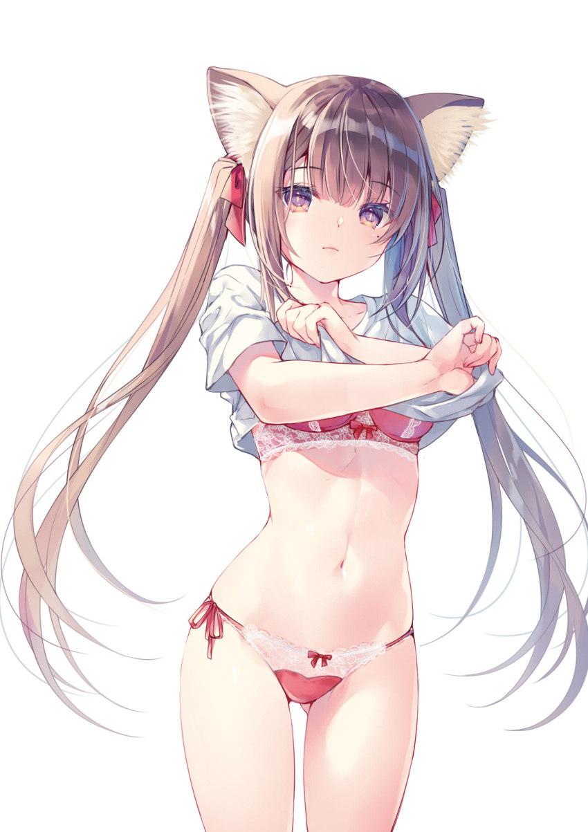 1girl animal_ear_fluff animal_ears ass_visible_through_thighs bra breasts brown_eyes brown_hair cat_ears closed_mouth cowboy_shot hair_ribbon highres lace lace-trimmed_bra lace-trimmed_panties lace_trim long_hair looking_at_viewer medium_breasts miwabe_sakura mole mole_under_eye navel no_pants non-web_source original panties red_bra red_panties ribbon shirt short_sleeves side-tie_panties simple_background solo standing stomach thighs twintails underwear undressing very_long_hair white_background white_shirt