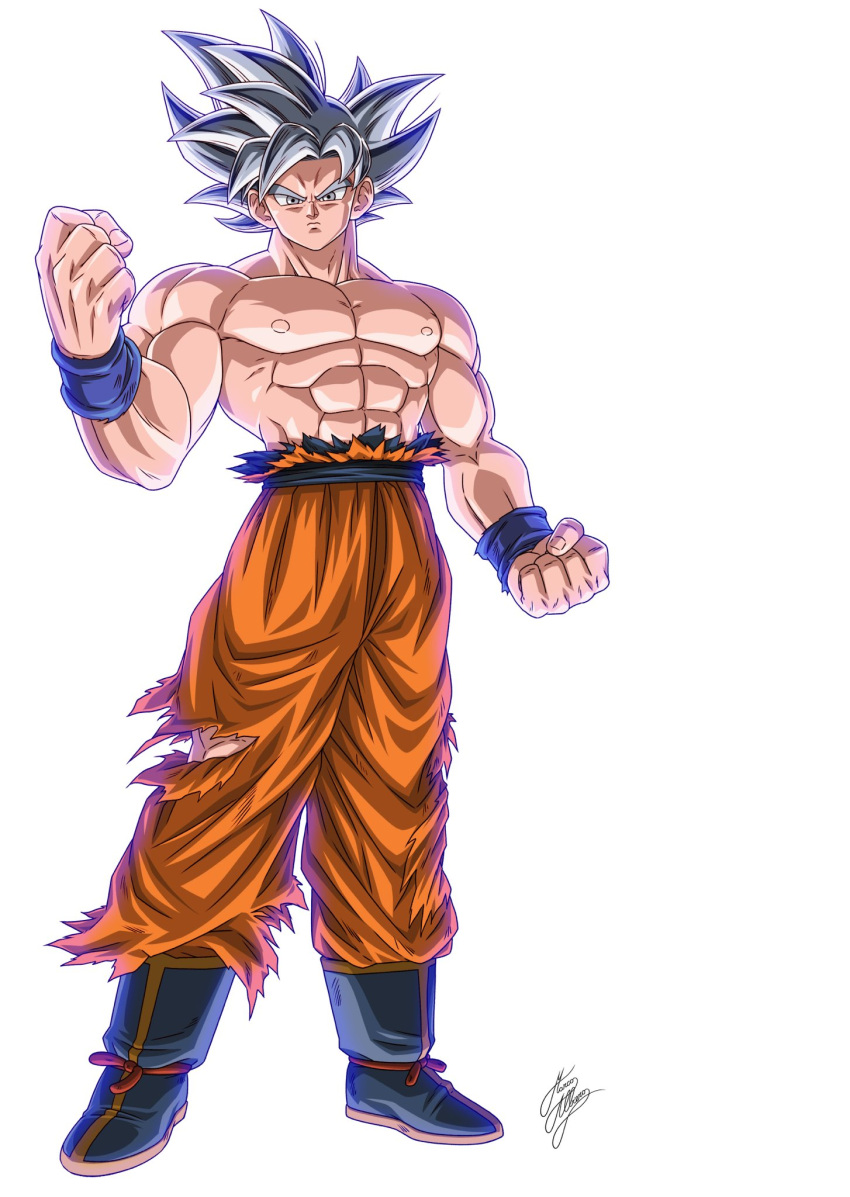 1boy abs blue_footwear clenched_hands dragon_ball dragon_ball_super full_body grey_eyes highres male_focus marco_albiero muscular muscular_male shirtless signature silver_hair solo son_goku torn_clothes ultra_instinct wristband