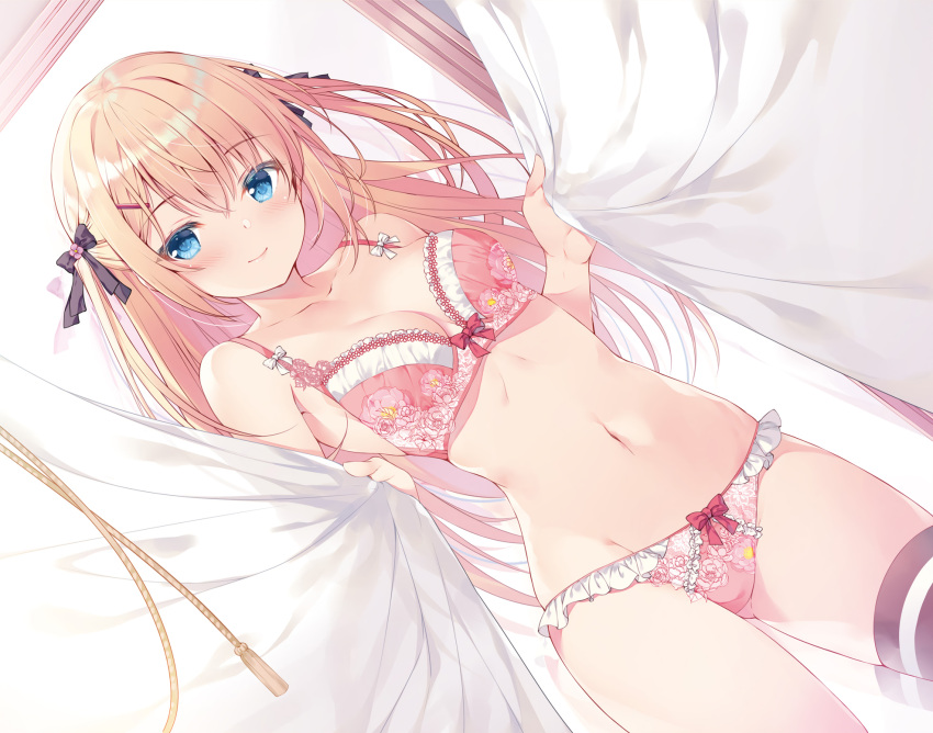 1girl ass_visible_through_thighs black_legwear blonde_hair blue_eyes blush bow bow_panties bra breasts closed_mouth cropped curtain_grab curtains dutch_angle hair_ornament hair_ribbon hairclip highres indoors long_hair medium_breasts miwabe_sakura navel non-web_source original panties pink_bra pink_panties ribbon sidelocks single_thighhigh smile solo thigh-highs two_side_up underwear underwear_only
