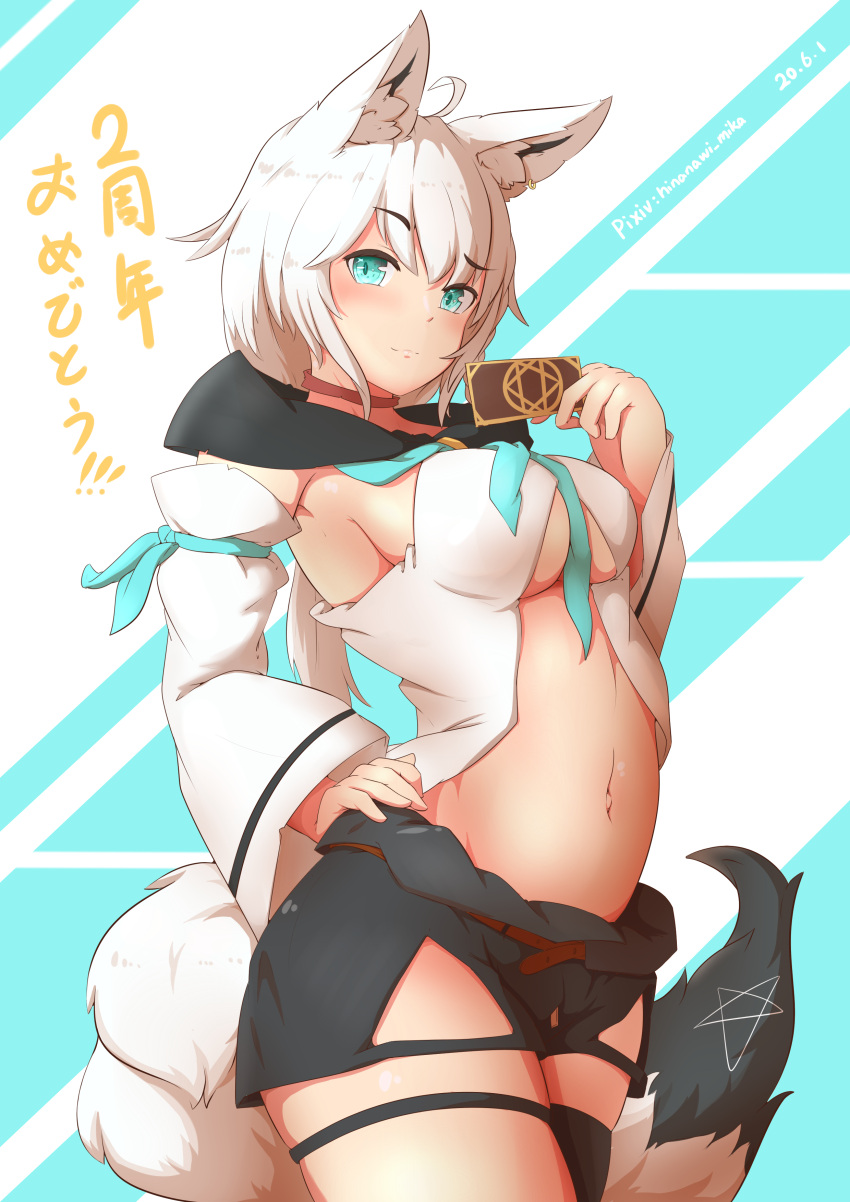 1girl absurdres ahoge animal_ear_fluff animal_ears aqua_eyes armpit_peek bangs black_legwear black_shorts blue_neckwear braid breasts card choker contrapposto detached_sleeves ear_piercing eyebrows_visible_through_hair fox_ears fox_girl fox_tail front_slit hair_between_eyes hand_on_hip highres hinanawi_mika holding holding_card hololive hood hoodie jewelry large_breasts long_hair looking_at_viewer low_ponytail midriff navel neckerchief no_bra pentagram piercing raised_eyebrow red_choker shirakami_fubuki shorts side_braid sideboob single_earring single_thighhigh sleeveless solo stomach tail thick_thighs thigh-highs thigh_strap thighs under_boob virtual_youtuber white_hair white_sleeves wide_sleeves