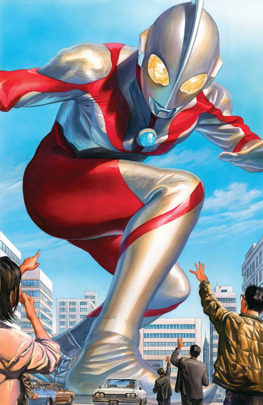 1girl 4boys alex_ross alien brown_hair comic_cover cover cover_page giant highres looking_down multiple_boys official_art open_hand pointing pointing_up science_fiction solo_focus squatting textless the_rise_of_ultraman tokusatsu ultra_series ultraman ultraman_(1st_series) yellow_eyes