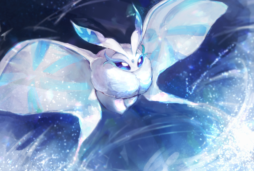 animal_focus artist_name blank_eyes blue_background blue_eyes blue_theme bug commentary day_walker1117 english_text floating forehead_jewel frosmoth frost gen_8_pokemon highres insect moth no_humans pokemon pokemon_(creature) signature solo
