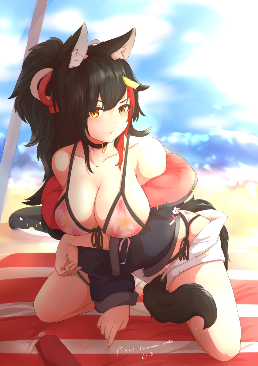1girl absurdres animal_ears breasts flipped_hair hair_ornament hairclip high_ponytail highlights highres hinanawi_mika hololive large_breasts long_hair looking_at_viewer multicolored_hair ookami_mio raised_eyebrow redhead solo swimsuit swimwear tail tail_around_leg tail_wrap virtual_youtuber wolf_ears wolf_girl wolf_tail yellow_eyes