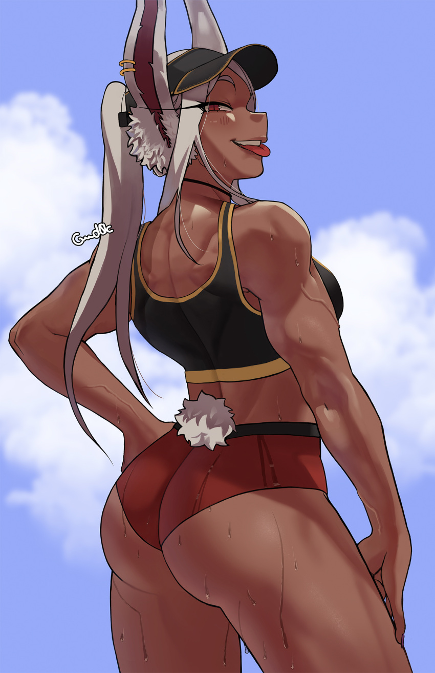 1girl :p ass back blush boku_no_hero_academia brown_eyes bunny_tail clouds dark_skin dark-skinned_female eyelashes gud0c hand_on_hip highres looking_at_viewer looking_back mirko muscular muscular_female ponytail slit smile solo sports_bra sweat tail teeth tongue tongue_out veins visor_cap white_hair