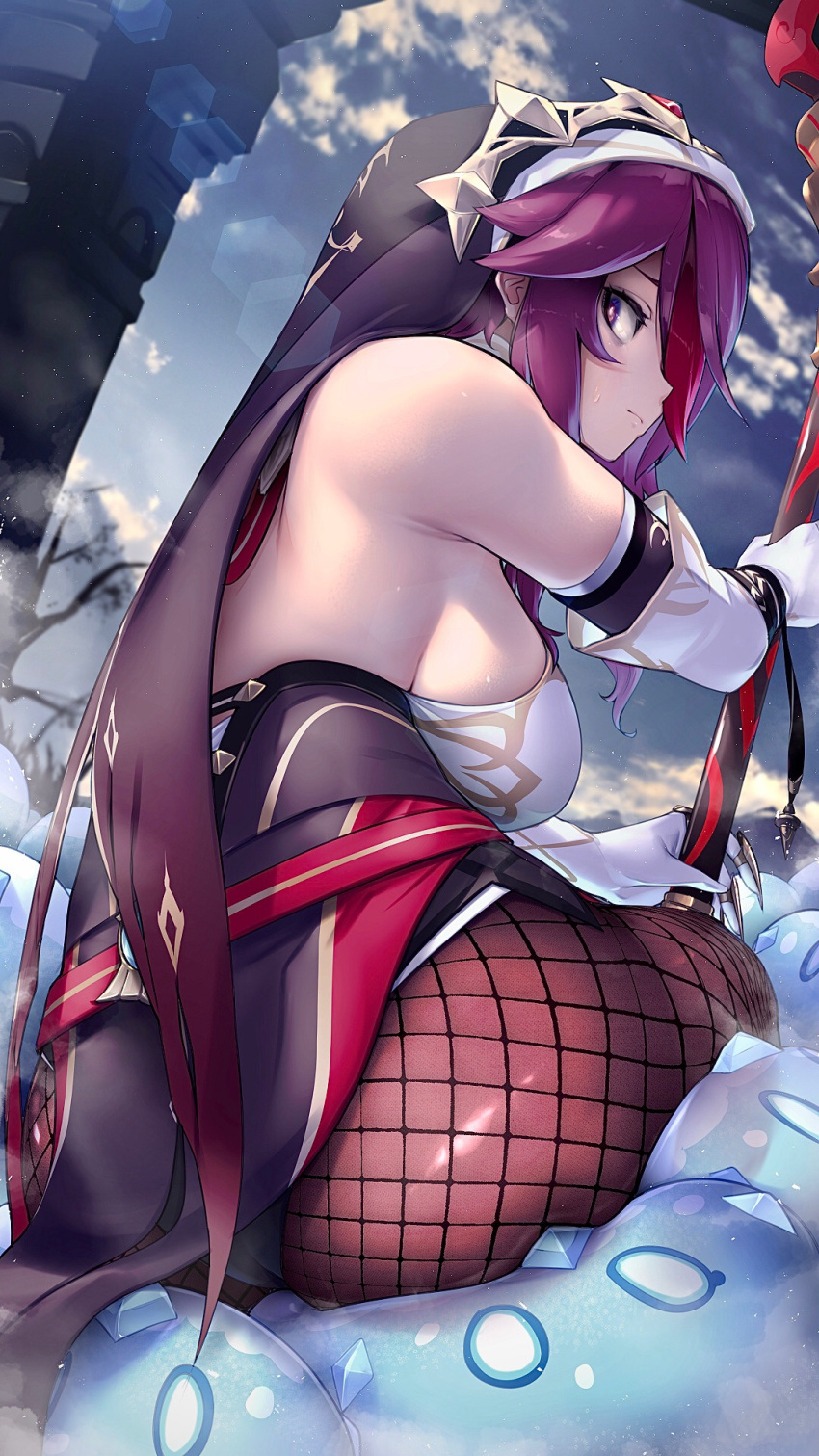 1girl ass backless_outfit breasts clouds dress elbow_gloves fishnet_legwear fishnets from_side genshin_impact gloves highres holding holding_weapon kashu_(hizake) large_breasts looking_at_viewer nun pelvic_curtain polearm purple_hair rosaria_(genshin_impact) sideboob sitting sky slime_(genshin_impact) solo spear veil violet_eyes weapon white_dress white_gloves
