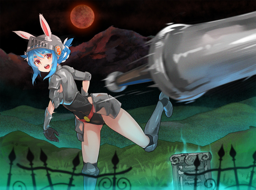 1girl animal_ear_fluff animal_ears armor belt black_leotard blue_hair braid braided_bun breastplate bunny-shaped_pupils eyebrows_visible_through_hair faulds fence gauntlets glowing grass greaves helmet highres hill hololive hololive_fantasy lance leotard long_hair looking_at_viewer makaimura metal moon mountain multicolored_hair night night_sky open_mouth orange_eyes outdoors polearm rabbit_ears rabbit_girl red_moon shin_guards short_eyebrows shoulder_armor sir_arthur_(makaimura) sky smile solo spaulders thick_eyebrows throwing tombstone upper_teeth usada_pekora virtual_youtuber visor_(armor) weapon white_hair ykhiroartwok