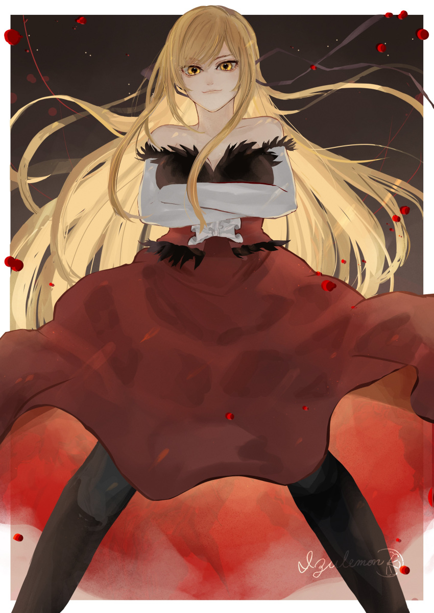 1girl absurdres bare_shoulders blonde_hair crossed_arms dress elbow_gloves explosion gloves gunbuster_pose highres izu_lemon kiss-shot_acerola-orion_heart-under-blade long_dress long_hair looking_at_viewer monogatari_(series) red_dress yellow_eyes