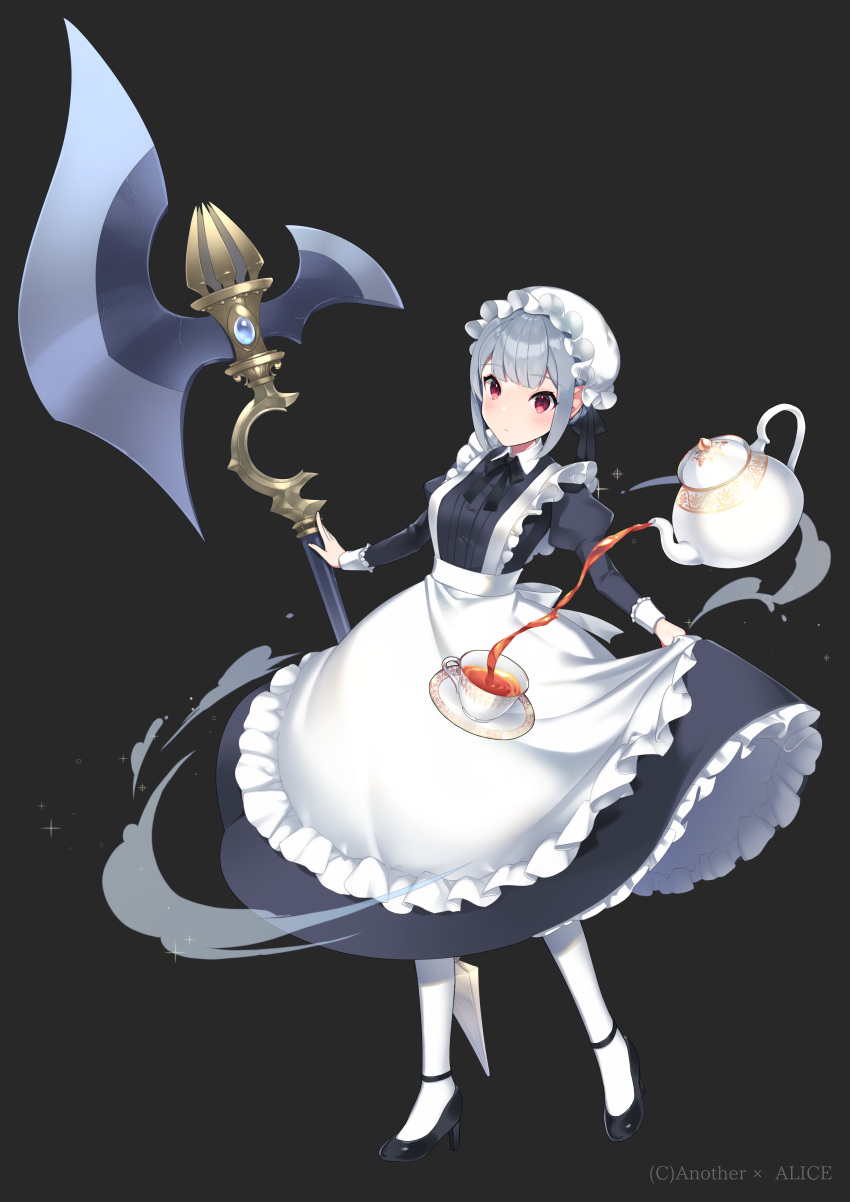 1girl absurdres anotherxalice apron axe battle_axe black_dress closed_mouth cup dress frilled_apron frilled_dress frills full_body grey_hair hat high_heels highres juliet_sleeves long_dress long_sleeves maid maid_apron mary_janes mob_cap nyasunyadoora pantyhose petticoat pointy_ears puffy_sleeves red_eyes shoes short_hair silver_hair simple_background sleeve_cuffs tachi-e teacup teapot victorian_maid waist_apron weapon white_apron white_background white_legwear