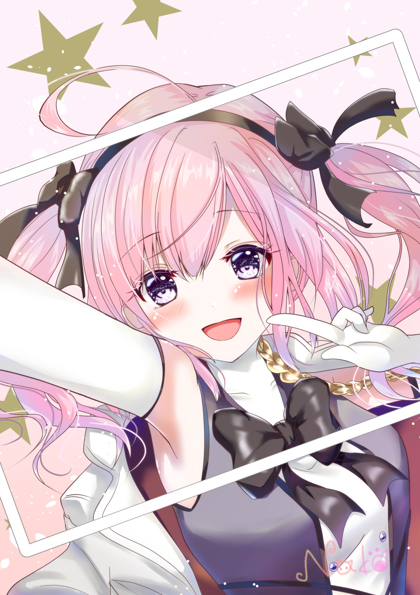 1girl absurdres ahoge azur_lane bangs blush breasts commentary_request dress eyebrows_visible_through_hair hairband highres long_hair looking_at_viewer nako_nya open_mouth pink_hair retrofit_(azur_lane) ribbon saratoga_(azur_lane) selfie sleeveless sleeveless_dress smile solo twintails violet_eyes
