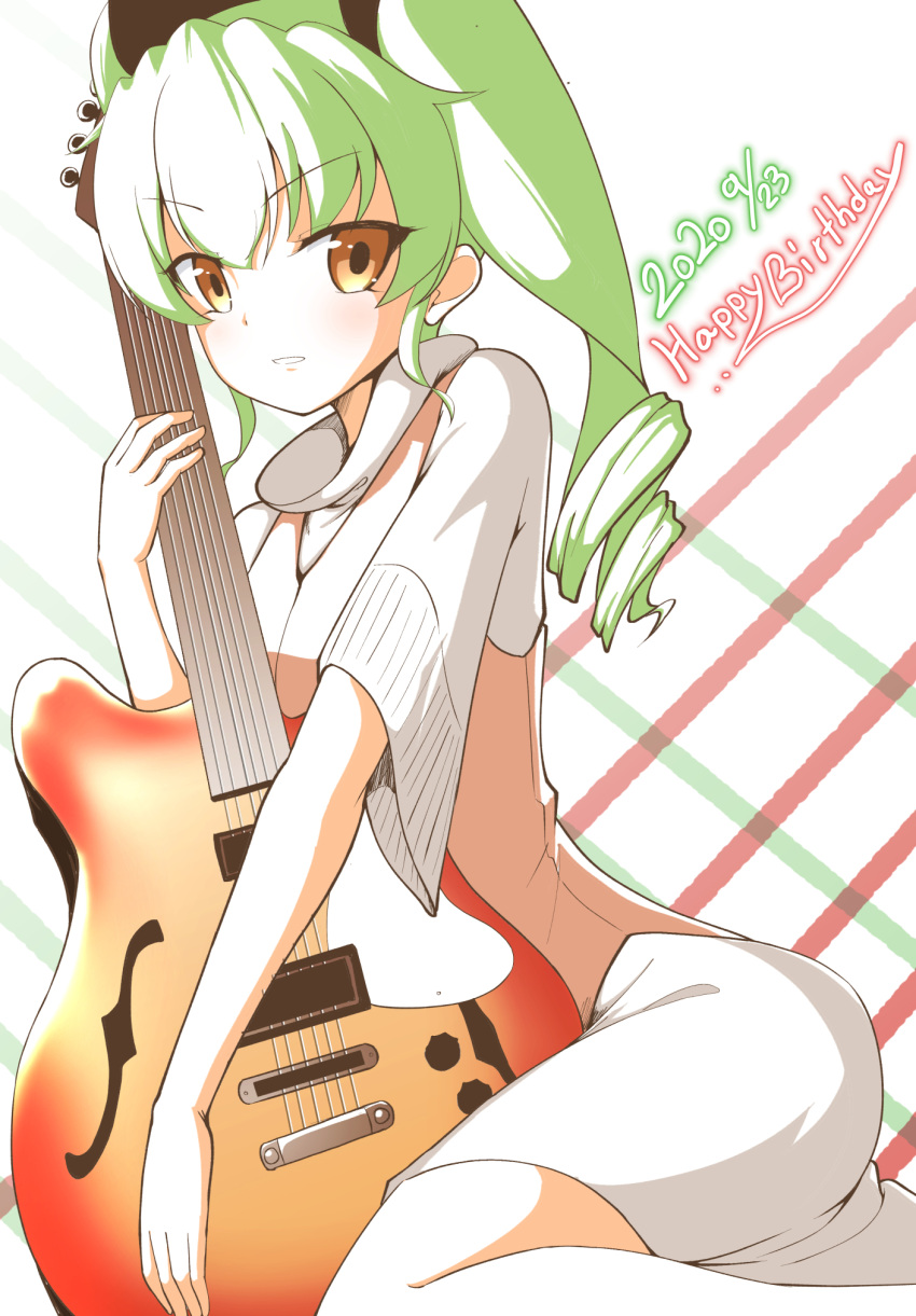 1girl anchovy_(girls_und_panzer) bangs birthday black_ribbon brown_eyes casual commentary dated dress drill_hair eyebrows_visible_through_hair girls_und_panzer green_hair guitar hair_ribbon happy_birthday highres holding holding_instrument instrument leaning_forward light_frown long_hair looking_at_viewer medium_dress parted_lips rebirth42000 ribbon short_sleeves sitting solo twin_drills twintails wariza white_dress
