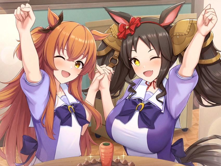 2girls ;d animal_ears arm_up breasts brown_hair carrot commentary_request fang fou_zi hairband holding_hands horse_ears horse_girl interlocked_fingers long_hair looking_at_viewer marvelous_sunday_(umamusume) mayano_top_gun_(umamusume) medium_breasts multiple_girls one_eye_closed open_mouth orange_hair red_hairband school_uniform short_hair skin_fang smile twintails two_side_up umamusume yellow_eyes