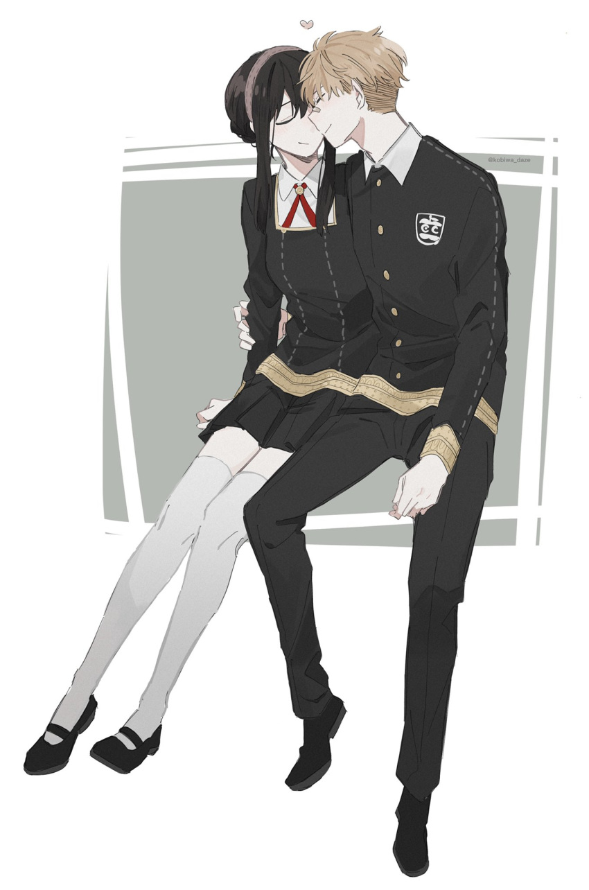 1boy 1girl alternate_costume arm_around_waist bandaid bandaid_on_nose black_footwear black_hair black_pants black_shirt black_skirt blonde_hair blush breasts closed_eyes closed_mouth collared_shirt commentary couple full_body grey_background hair_between_eyes hair_bun heart hetero highres invisible_chair kobiwa long_sleeves mary_janes medium_breasts medium_hair miniskirt neck_ribbon nuzzle pants pleated_skirt red_neckwear red_ribbon ribbon school_uniform shirt shoes short_hair side-by-side sidelocks simple_background sitting skirt smile spy_x_family symbol_commentary tasogare_(spy_x_family) thigh-highs twitter_username white_legwear white_shirt yoru_briar zettai_ryouiki