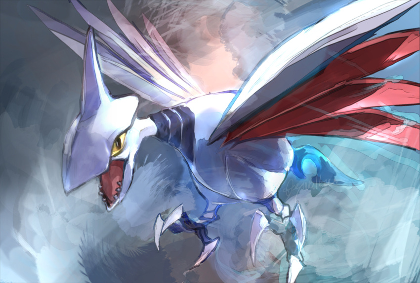 animal_focus artist_name bird black_eyes claws clouds cloudy_sky colored_sclera commentary_request day_walker1117 english_text flying gen_2_pokemon grey_sky highres no_humans one-hour_drawing_challenge open_mouth outdoors pokemon pokemon_(creature) sharp_teeth signature skarmory sky solo teeth tongue yellow_sclera