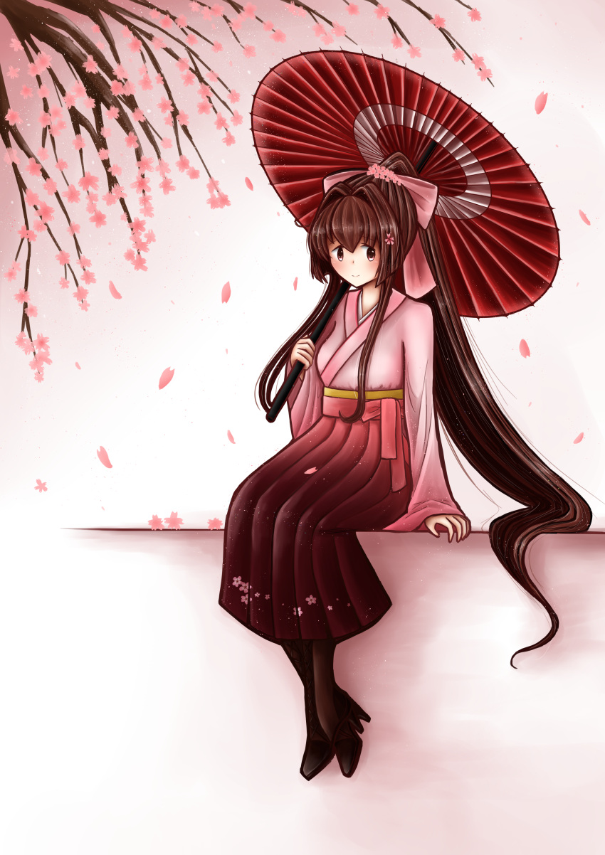 1girl absurdres alternate_costume boots bow brown_eyes brown_hair cherry_blossoms flower hair_bow hair_flower hair_ornament hakama high_heel_boots high_heels highres holding holding_umbrella japanese_clothes kantai_collection kimono long_hair meiji_schoolgirl_uniform oil-paper_umbrella pink_bow pink_kimono ponytail red_hakama sitting solo tree_branch umbrella very_long_hair wide_sleeves xiao_yi yamato_(kancolle)