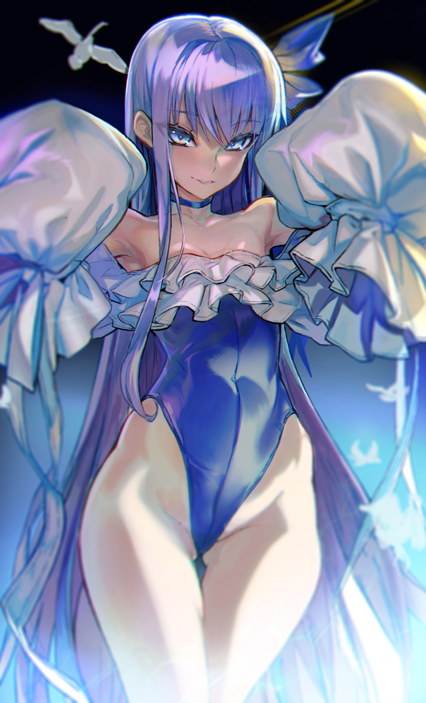 1girl bangs bare_shoulders blue_eyes blue_ribbon blush breasts choker collarbone fate/grand_order fate_(series) frills hair_ribbon highleg highleg_swimsuit highres licking_lips long_hair long_sleeves looking_at_viewer meltryllis_(fate) meltryllis_(swimsuit_lancer)_(fate) off-shoulder_swimsuit off_shoulder one-piece_swimsuit ookuma_nekosuke puffy_sleeves purple_hair ribbon sleeves_past_fingers sleeves_past_wrists small_breasts swimsuit thighs tongue tongue_out very_long_hair white_ribbon