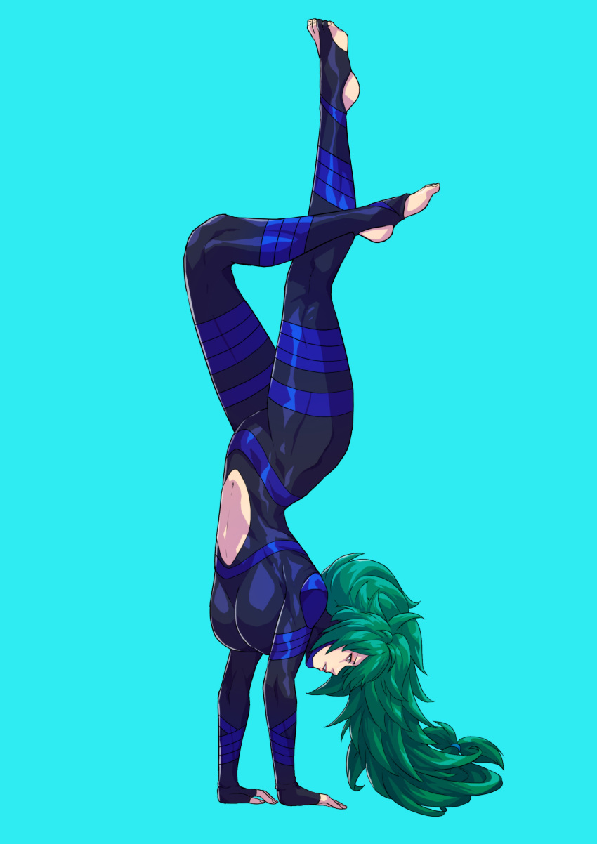 absurdres blue_background bow bowtie breasts cirenk crossed_legs green_hair handstand highres jumpsuit long_hair stomach thick_thighs thighs