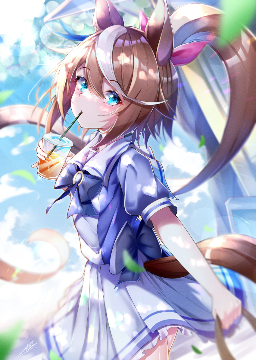 1girl absurdres animal_ears back_bow bangs blue_bow blue_eyes blue_shirt blush bow brown_hair commentary_request cup day drinking drinking_straw drinking_straw_in_mouth eyebrows_visible_through_hair frilled_skirt frills from_behind hair_between_eyes hair_ribbon highres holding holding_cup horse_ears horse_girl horse_tail long_hair looking_at_viewer looking_back multicolored_hair outdoors pink_ribbon pinky_out pleated_skirt ponytail puffy_short_sleeves puffy_sleeves ribbon shirt short_sleeves signature skirt sky solo streaked_hair tail takemura_kou tokai_teio_(umamusume) umamusume very_long_hair white_hair white_skirt