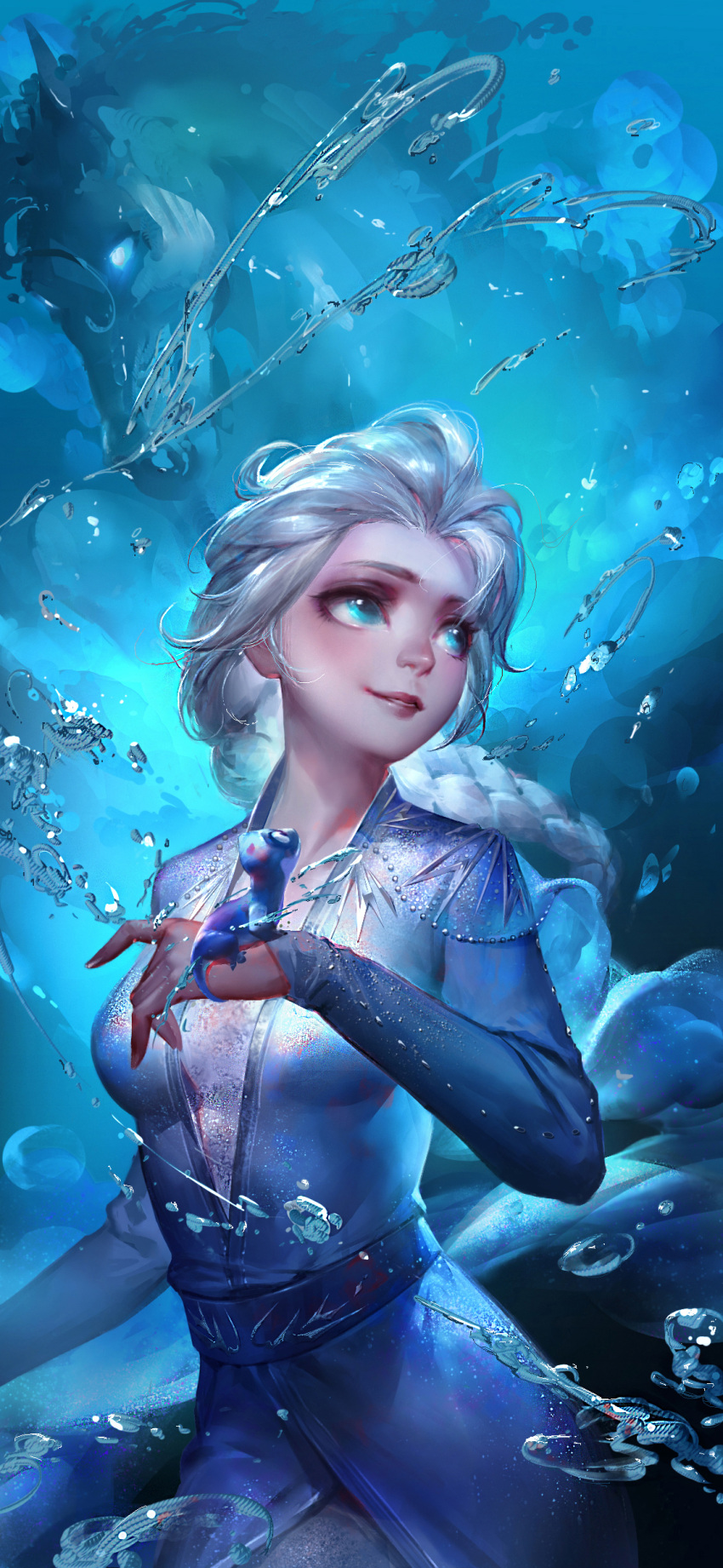 1girl absurdres blue_eyes blush braid bruni_(frozen) dress elsa_(frozen) frozen_(disney) hair_over_shoulder highres horse lan_feng lips long_hair salamander single_braid solo the_nokk_(frozen) water white_hair