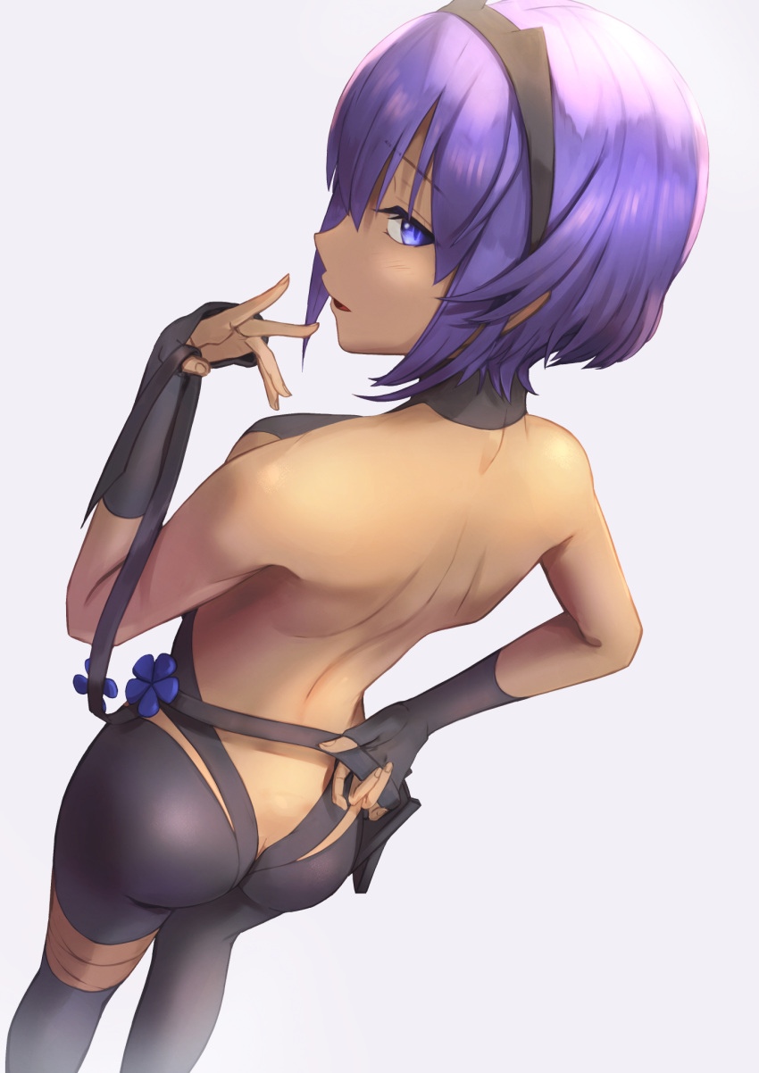 1girl announ_(kurotya) back bangs bare_shoulders belt black_gloves black_hairband black_leotard breasts butt_crack commentary_request dark_skin dark-skinned_female eyebrows_visible_through_hair fate/grand_order fate/prototype fate/prototype:_fragments_of_blue_and_silver fate_(series) fingerless_gloves fingernails flower gloves hair_between_eyes hairband hassan_of_serenity_(fate) highres leggings leotard looking_back open_mouth purple_hair short_hair sideboob solo violet_eyes white_background