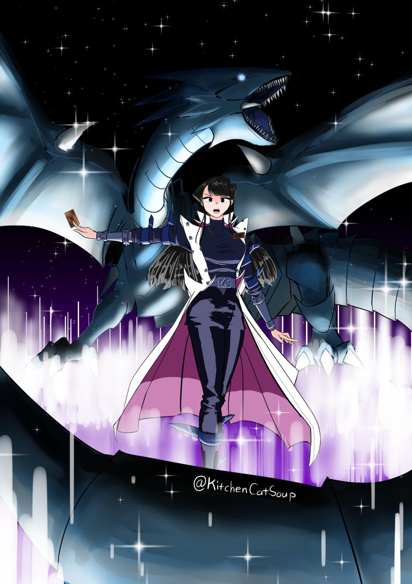 1girl absurdres belt black_eyes black_hair blue-eyes_white_dragon breasts card cosplay duel_monster eyebrows_visible_through_hair highres holding holding_card jewelry juliet_sleeves kaiba_seto kaiba_seto_(cosplay) komi-san_wa_komyushou_desu komi_shouko large_breasts long_hair long_sleeves looking_at_viewer necklace open_mouth puffy_sleeves teeth very_long_hair yu-gi-oh! yu-gi-oh!_duel_monsters