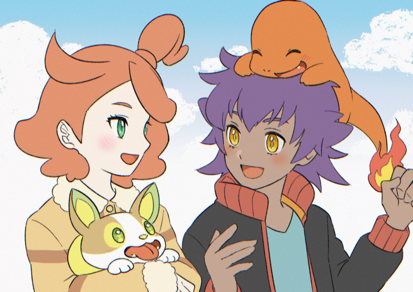 1boy 1girl :d bangs blush bright_pupils buttons charmander clouds commentary_request day eye_contact eyelashes fire flame gen_1_pokemon gen_8_pokemon holding holding_pokemon jacket leon_(pokemon) long_sleeves looking_at_another on_head open_clothes open_jacket open_mouth outdoors pokemon pokemon_(anime) pokemon_(creature) pokemon_on_head pokemon_swsh_(anime) punico_(punico_poke) short_hair sky smile sonia_(pokemon) tongue yamper younger
