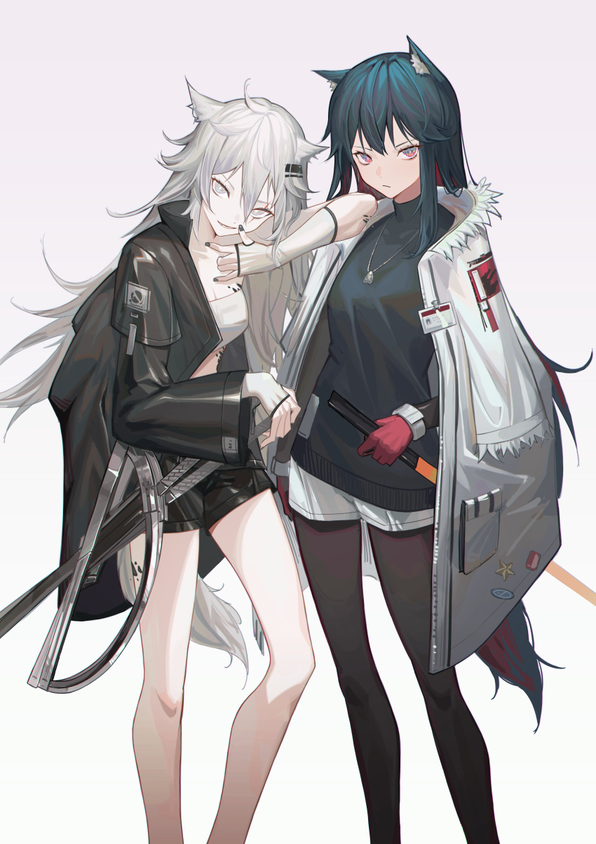 2girls absurdres animal_ears arknights bandeau bangs bare_legs black_hair black_jacket black_legwear black_shirt black_shorts commentary feet_out_of_frame gloves gradient gradient_background grey_background grey_eyes hair_between_eyes hair_ornament hairclip highres holding holding_sword holding_weapon jacket krin lappland_(arknights) multiple_girls official_alternate_costume open_clothes open_jacket oripathy_lesion_(arknights) pantyhose red_gloves reverse_grip scar scar_across_eye shirt short_shorts shorts silver_hair sitting strapless sword tail texas_(arknights) texas_(winter_messenger)_(arknights) tubetop weapon white_background white_jacket wolf_ears wolf_tail