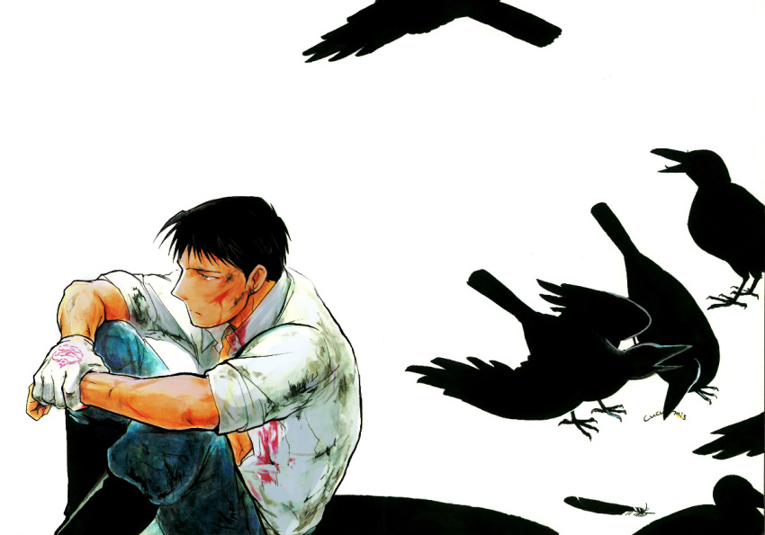 1boy ankle_boots artist_name bird black_eyes black_feathers black_footwear black_hair blood blood_on_face bloody_clothes boots closed_mouth collared_shirt crow cuts dirty dirty_clothes expressionless feathers feet_out_of_frame from_above fullmetal_alchemist gloves half-closed_eyes hand_on_own_wrist high_collar injury jitome knees_to_chest looking_afar male_focus navel pants partially_unbuttoned profile roy_mustang scratches shirt short_sleeves simple_background single_glove sitting spiky_hair stomach urikurage white_background white_gloves white_shirt wide_shot