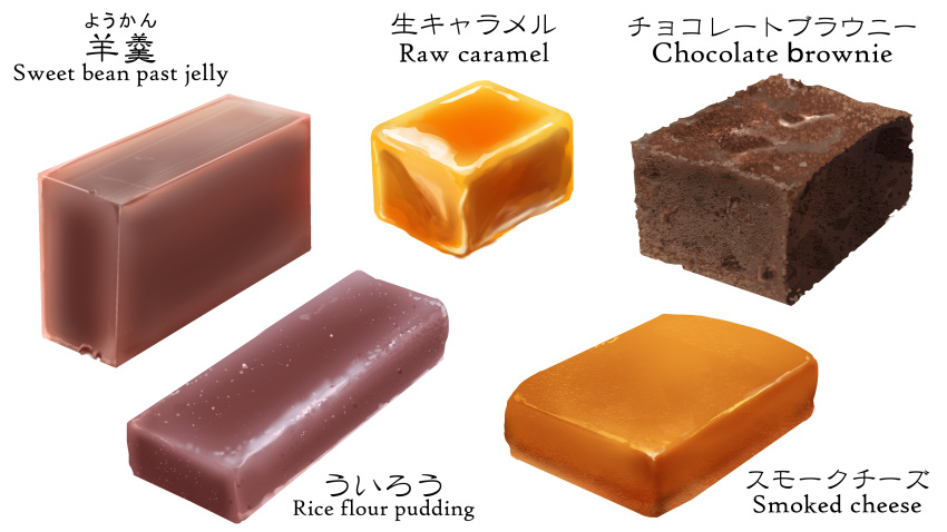 absurdres caramel chamaji cheese chocolate_brownie english_text food food_focus highres no_humans original simple_background smoked_cheese uirou_(food) wagashi white_background youkan_(food)