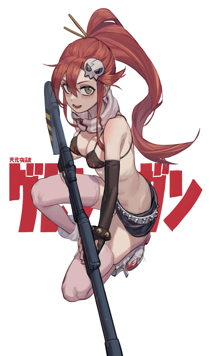 1girl absurdres anti-materiel_rifle bangs belt bikini bikini_top black_shorts boots brown_eyes chunk-san fingerless_gloves flame_print full_body gloves gun hair_ornament hair_stick highres long_hair looking_at_viewer open_mouth pink_legwear redhead rifle scarf short_shorts shorts skull_hair_ornament smile sniper_rifle solo squatting studded_belt studded_bracelet swimsuit tengen_toppa_gurren_lagann thigh-highs weapon yoko_littner