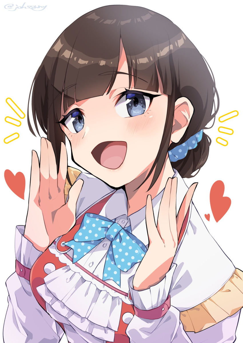 1girl bangs blue_eyes blush breasts brown_hair eyebrows_visible_through_hair frills hair_bun hair_ornament hair_scrunchie heart highres johssnny long_sleeves medium_breasts nijisanji open_mouth polka_dot polka_dot_neckwear scrunchie simple_background solo suzuka_utako twitter_username upper_body virtual_youtuber white_background