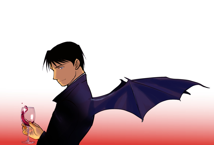 1boy alcohol black_eyes black_hair closed_mouth cup demon_wings drink drinking_glass fingernails fullmetal_alchemist gradient gradient_background hand_up highres holding holding_cup jacket jitome light_smile looking_afar male_focus profile purple_jacket purple_wings red_background roy_mustang simple_background spiky_hair upper_body urikurage wine wine_glass wings