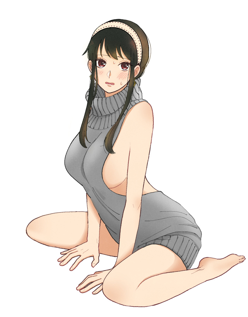 1girl alternate_costume backless_outfit bare_legs barefoot between_legs black_hair blush breasts commentary datsuko_(momojam_koubou) earrings english_commentary grey_sweater hairband hand_between_legs highres jewelry large_breasts long_hair looking_at_viewer meme_attire mixed-language_commentary naked_sweater parted_lips red_eyes ribbed_sweater sideboob sidelocks simple_background sitting sleeveless sleeveless_turtleneck solo spy_x_family sweatdrop sweater thighs turtleneck turtleneck_sweater virgin_killer_sweater wariza white_background yoru_briar