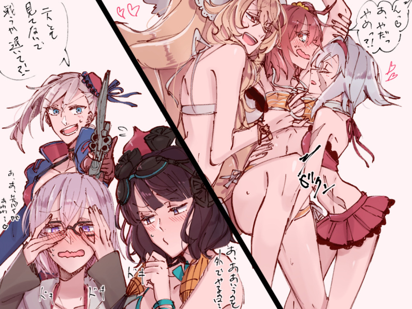 6+girls anne_bonny_(fate) anne_bonny_(swimsuit_archer)_(fate) bikini bikini_skirt black_hair blonde_hair blue_eyes blush brown_eyes closed_eyes facing_another fate/grand_order fate_(series) fujimaru_ritsuka_(female) grey_hair gunblade hair_ornament hair_scrunchie hand_under_clothes hand_under_swimsuit heart holding holding_weapon hollomaru katsushika_hokusai_(swimsuit_saber)_(fate) long_hair long_sleeves looking_at_another mary_read_(fate) mary_read_(swimsuit_archer)_(fate) mash_kyrielight miyamoto_musashi_(fate) miyamoto_musashi_(swimsuit_berserker)_(fate) multiple_girls navel open_mouth orange_bikini orange_eyes orange_hair pink_hair scrunchie short_hair side_ponytail smile sweat swimsuit translation_request violet_eyes weapon yellow_scrunchie yuri