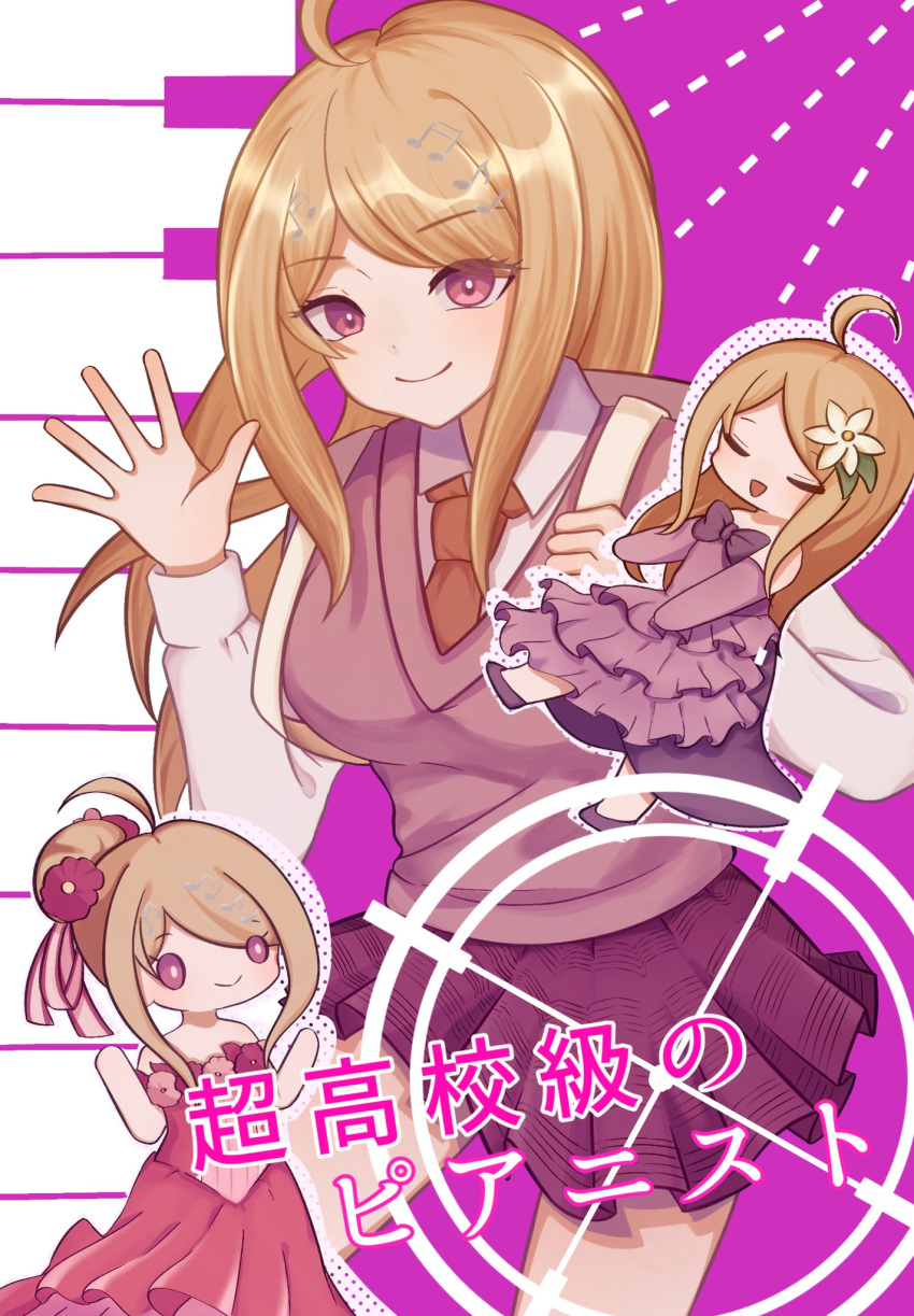 1girl :d ahoge akamatsu_kaede arms_at_sides bangs bare_shoulders blonde_hair bow breasts closed_eyes collared_shirt commentary_request contrapposto dangan_ronpa_(series) dangan_ronpa_10th_anniversary_costume dangan_ronpa_v3:_killing_harmony dress flower hair_bun hair_flower hair_ornament hand_up highres large_breasts layered_dress long_hair long_sleeves looking_at_viewer miniskirt multiple_views musical_note musical_note_hair_ornament mutsuki_(yowa_otsumu) necktie off-shoulder_dress off_shoulder official_alternate_costume open_mouth pink_background pink_dress pleated_skirt purple_bow school_uniform shirt shoes skirt smile sweater_vest translation_request violet_eyes white_background white_shirt