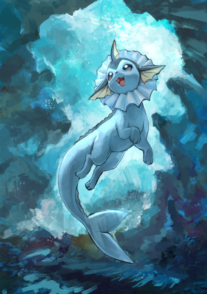 :3 absurdres animal_focus artist_name blank_eyes blue_background blue_eyes blue_theme bubble commentary day_walker1117 english_text full_body gen_1_pokemon happy highres looking_up no_humans open_mouth pokemon pokemon_(creature) signature smile solo swimming underwater vaporeon