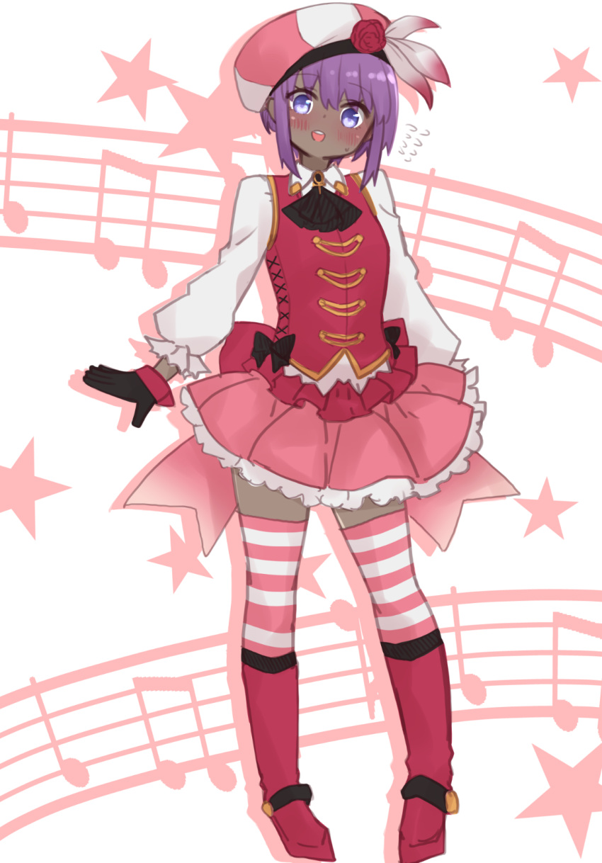 1girl :d ascot bangs beamed_eighth_notes beret black_gloves black_neckwear blush boots collared_shirt colored_shadow cosplay dark_skin dark-skinned_female drop_shadow eighth_note eyebrows_visible_through_hair fate/grand_order fate/prototype fate/prototype:_fragments_of_blue_and_silver fate_(series) flower flying_sweatdrops frilled_skirt frills full_body gloves hair_between_eyes hassan_of_serenity_(fate) hat hat_flower helena_blavatsky_(fate) helena_blavatsky_(fate)_(cosplay) highres i.u.y knee_boots long_sleeves lostroom_outfit_(fate) musical_note open_mouth pink_skirt pleated_skirt puffy_long_sleeves puffy_sleeves purple_hair quarter_note red_flower red_footwear red_rose red_vest rose shadow shirt skirt smile solo striped striped_legwear thigh-highs thighhighs_under_boots upper_teeth vest violet_eyes white_background white_shirt