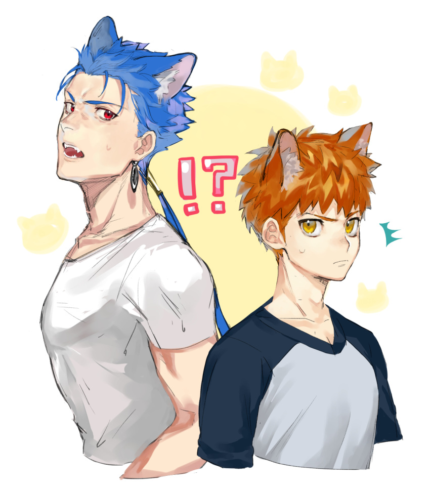 !? 2boys ^^^ animal_ears animal_print bangs black_shirt blue_hair blue_shirt bunny_print cat_ears collarbone cropped_torso cu_chulainn_(fate)_(all) earrings emiya_shirou extra_ears fangs fate/stay_night fate_(series) from_side frown grey_shirt highres jewelry kemonomimi_mode lancer long_hair long_sleeves looking_at_viewer male_focus multiple_boys muscular muscular_male open_mouth orange_hair ponytail raglan_sleeves red_eyes shirt short_hair spiky_hair suzumetarou sweat upper_body white_background yellow_background