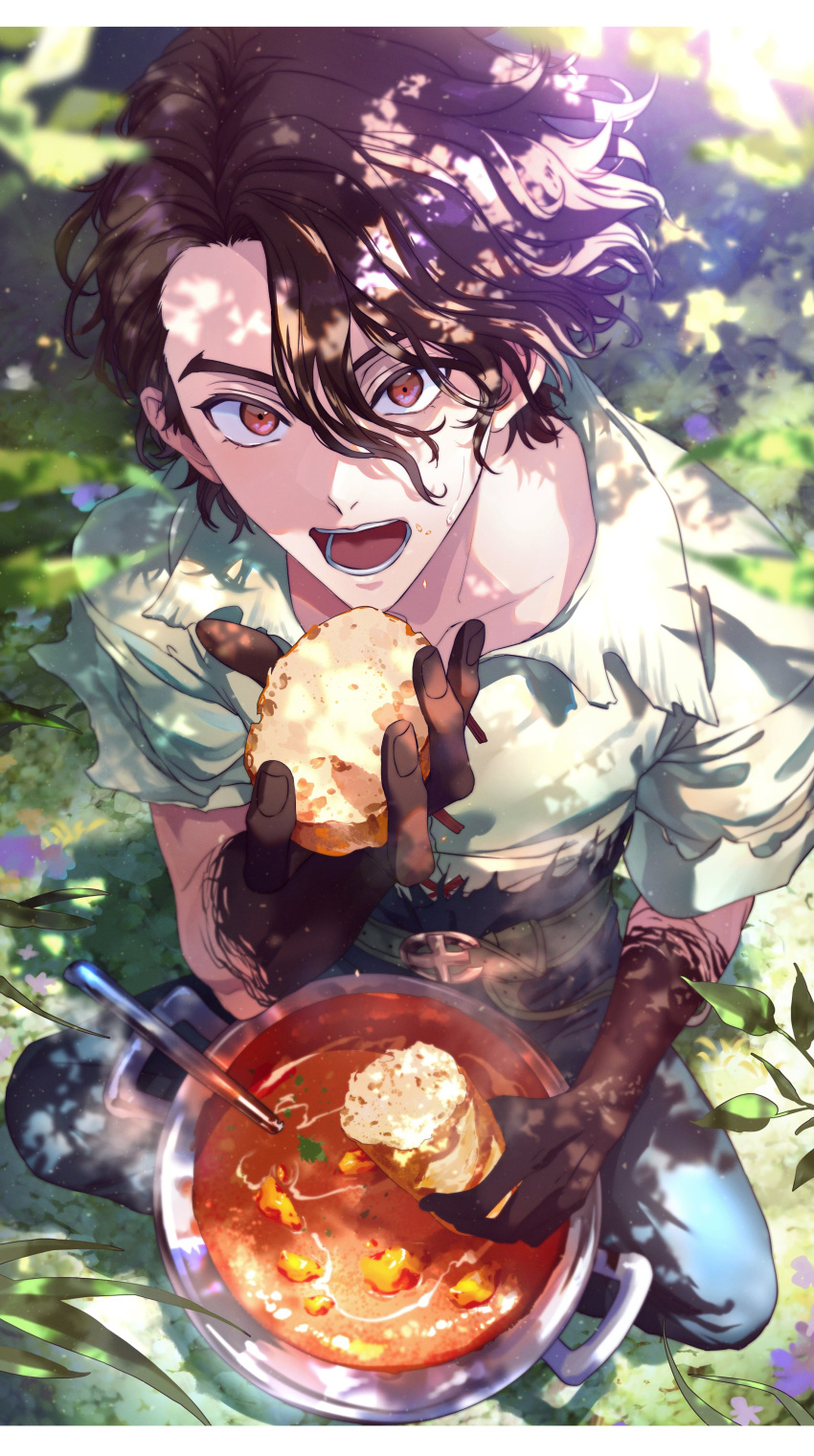 1boy absurdres asymmetrical_bangs bangs black_hair black_pants bread brown_eyes day dr._stone food full_body hair_between_eyes highres holding holding_food indian_style koujisako letterboxed looking_at_viewer male_focus nanami_sai open_mouth outdoors pants pot shirt short_sleeves sitting solo stew white_shirt