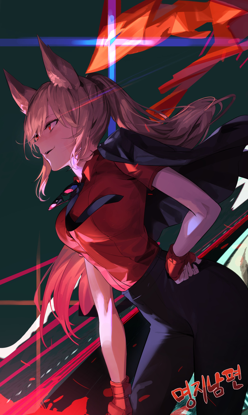 absurdres animal_ears blonde_hair fox_ears gloves highres jacket jacket_on_shoulders kaiser_(myeonggihusband) multicolored_hair necktie original ponytail red_eyes red_shirt shirt smile two-tone_hair uthy