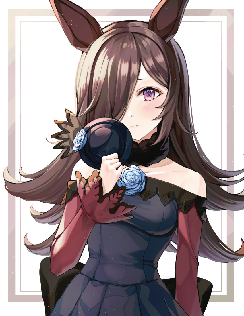 1girl absurdres animal_ears bare_shoulders blue_flower blue_rose brown_hair closed_mouth collarbone flower hair_over_one_eye hat hat_removed headwear_removed highres holding holding_clothes holding_hat horse_ears horse_girl long_hair looking_at_viewer rice_shower_(umamusume) rose solo ueng umamusume