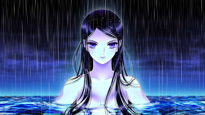 1girl black_hair blue_sky breasts commentary_request dark_sky highres italian_commentary long_hair marco_albiero medium_breasts mortebianca partially_submerged pink_lips rain sky solo upper_body violet_eyes