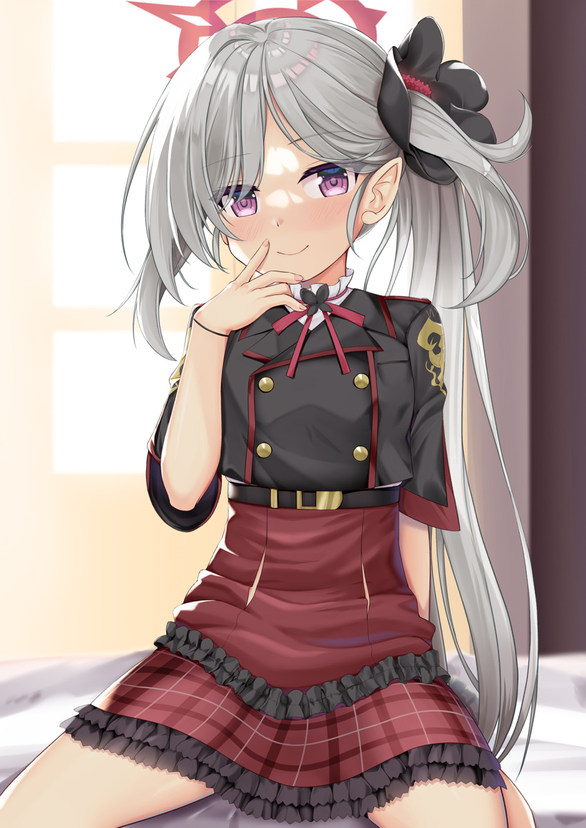 1girl bangs black_flower black_jacket blue_archive blush closed_mouth commentary_request eyebrows_visible_through_hair eyes_visible_through_hair flower frilled_skirt frills grey_hair hair_flower hair_ornament halo hand_up highres jacket long_hair looking_at_viewer mutsuki_(blue_archive) niiya parted_bangs pointy_ears red_skirt shirt short_sleeves side_ponytail skirt smile solo very_long_hair violet_eyes white_shirt window
