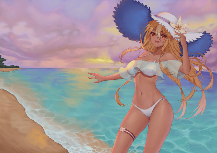 1girl absurdres baeg_mi bangs beach bikini blonde_hair clouds cloudy_sky crop_top dark-skinned_female dark_skin elf floating_hair flower hair_between_eyes hand_up hat hat_flower highres hololive huge_filesize long_hair looking_at_viewer navel ocean open_mouth pointy_ears red_eyes sand see-through_shirt shiranui_flare sky smile solo sun_hat swimsuit tan thigh_gap very_long_hair virtual_youtuber water white_bikini white_flower white_headwear