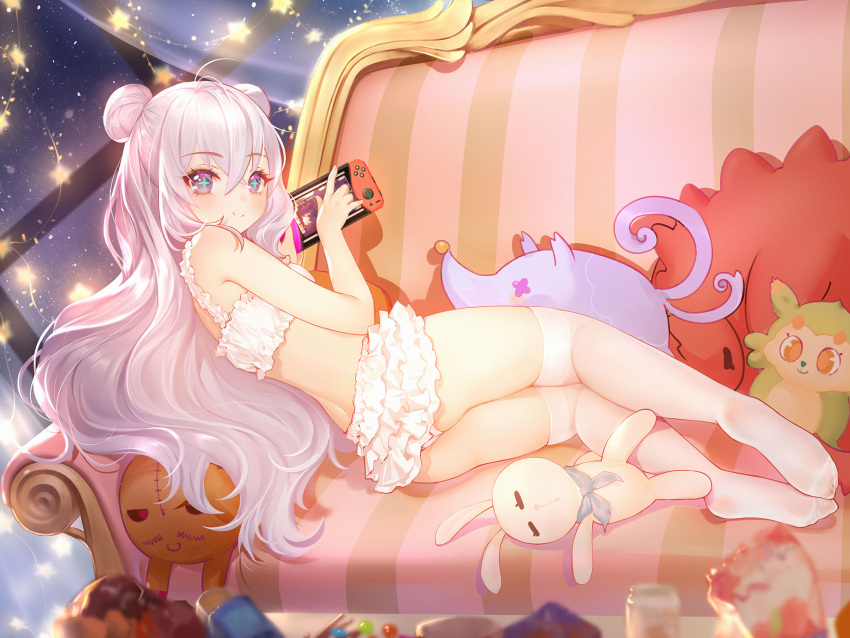 +_+ 1girl antenna_hair azur_lane bangs blush bra cinderella_bust closed_mouth commentary_request couch double_bun eyebrows_visible_through_hair feet grey_eyes hair_between_eyes highres holding layered_skirt le_malin_(azur_lane) legs long_hair looking_at_viewer looking_back nintendo_switch no_shoes on_couch orry pleated_skirt silver_hair skirt smile soles solo star_(symbol) striped stuffed_animal stuffed_bunny stuffed_toy thigh-highs underwear vertical_stripes very_long_hair white_bra white_legwear white_skirt window