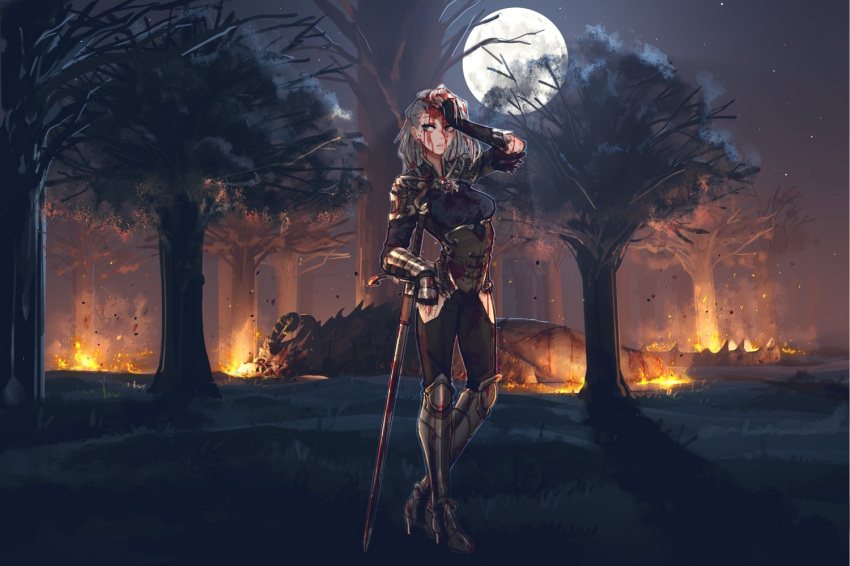 1girl arched_back armor blood blood_on_face boots breasts brown_gloves brown_pants closed_mouth collaboration commission corset english_commentary fingerless_gloves fire forest full_body full_moon gauntlets gloves grey_hair holding knee_boots knight long_hair looking_away medium_breasts michaeldarkgrim moon nature night night_sky original outdoors pants planted_sword planted_weapon popopoka scar scar_across_eye scar_on_face second-party_source shoulder_plates silia_(siliaasrai) sky solo standing sword tree weapon